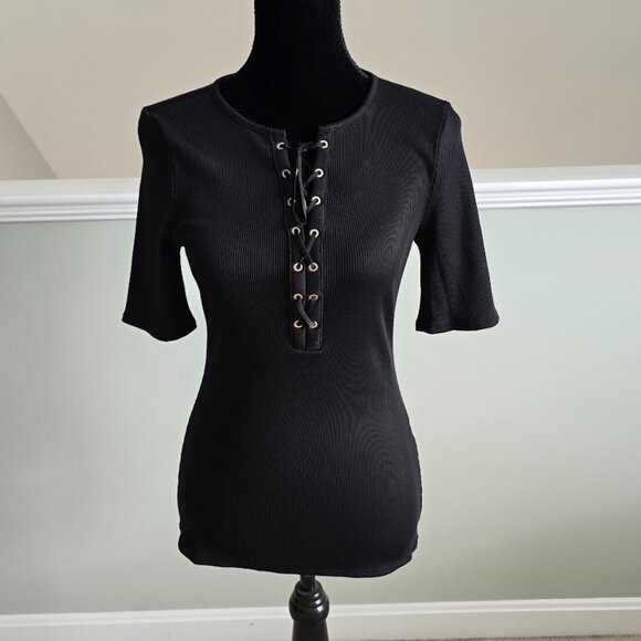WHBM FORME Short Sleeve Lace Up Criss Cross Black Ribbed Top Size Medium NWT - Picture 3 of 12